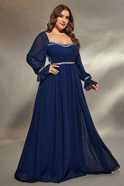 Berylove Women Navy Maxi Mother Dress Plus Size Flared Long Sleeves A Line Wedding Party Guest Dress