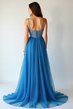 Blue Beaded Long Prom Dress With Slit