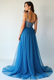 Blue Beaded Long Prom Dress With Slit