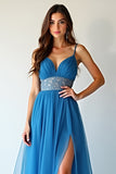 Blue Beaded Long Prom Dress With Slit