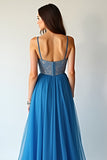 Blue Beaded Long Prom Dress With Slit