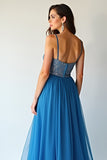 Blue Beaded Long Prom Dress With Slit