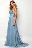 Dusty Blue Spaghetti Straps A Line Long Wedding Guest Dress