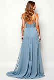 Dusty Blue Spaghetti Straps A Line Long Wedding Guest Dress