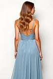 Dusty Blue Spaghetti Straps A Line Long Wedding Guest Dress