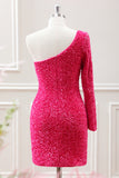 Hot Pink One Shoulder Long Sleeve Sequined Slit Bodycon Mini Dress