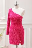 Hot Pink One Shoulder Long Sleeve Sequined Slit Bodycon Mini Dress