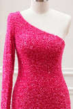 Hot Pink One Shoulder Long Sleeve Sequined Slit Bodycon Mini Dress