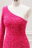 Hot Pink One Shoulder Long Sleeve Sequined Slit Bodycon Mini Dress