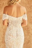 Off the Shoulder Sheath Lace Ivory Boho Wedding Dress