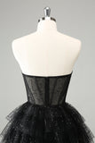 Sparkly A Line Black Sweetheart Tiered Corset Cute Mini Dress