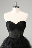 Sparkly A Line Black Sweetheart Tiered Corset Cute Mini Dress