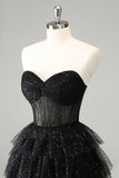 Sparkly A Line Black Sweetheart Tiered Corset Cute Mini Dress