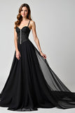 Black A Line Beaded Spaghetti Straps Long Formal Dress