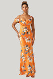 Trendy Mermaid One Shoulder Printed Orange Flower Floor Length Dress