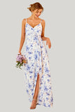 Blue Floral Print A Line Spaghetti Straps Floor Length Dress with Slit