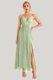 A-Line Tulle Light Green Spaghetti Straps Maxi Dress with Slit