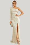 Apricot One Shoulder Mermaid Long Sleeves Sparkly Maxi Dress with Slit