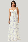 A Line Spaghetti Straps Purple Flower Printed Floor Length Dress