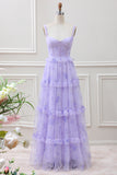 Lavender A Line Corset Spaghetti Straps Floral Tiered Maxi Dress