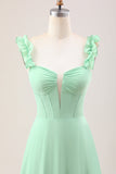 Green A Line Off The Shoulder Corset Floor Length Dress With Ruffles