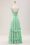 Green A Line Off The Shoulder Corset Floor Length Dress With Ruffles