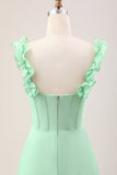 Green A Line Off The Shoulder Corset Floor Length Dress With Ruffles