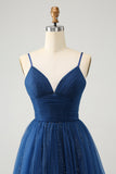 Navy A Line Spaghetti Straps Tulle Lace- Up Back Mini Dress