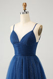 Navy A Line Spaghetti Straps Tulle Lace- Up Back Mini Dress