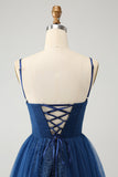 Navy A Line Spaghetti Straps Tulle Lace- Up Back Mini Dress