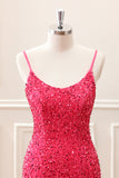 Fuchsia Sequins Spaghetti Straps Mini Dress with Tassels