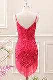 Fuchsia Sequins Spaghetti Straps Mini Dress with Tassels