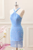 Sparkly Royal Blue Bodycon Halter Sequin Mini Dress with Tassel