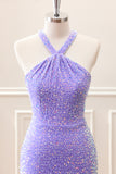 Sparkly Royal Blue Bodycon Halter Sequin Mini Dress with Tassel