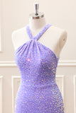 Sparkly Royal Blue Bodycon Halter Sequin Mini Dress with Tassel