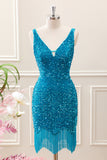 Sparkly Sage Bodycon V Neck Sequin Mini Dress with Tassel