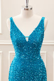 Sparkly Sage Bodycon V Neck Sequin Mini Dress with Tassel