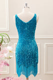 Sparkly Sage Bodycon V Neck Sequin Mini Dress with Tassel