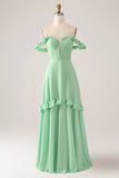 Green A Line Off The Shoulder Corset Maxi Dress With Ruffles