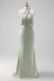 Dusty Sage Halter Sheath Satin Floor Length Dress