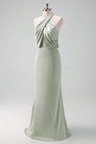 Dusty Sage Halter Sheath Satin Floor Length Dress