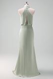 Dusty Sage Halter Sheath Satin Floor Length Dress