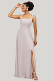 Grey A Line Square Neck Chiffon Floor Length Dress with Slit