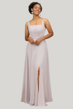 Grey A Line Square Neck Chiffon Floor Length Dress with Slit