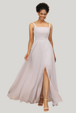 Grey A Line Square Neck Chiffon Floor Length Dress with Slit