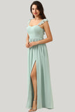 A Line Spaghetti Straps Dusty Sage Slit Maxi Dress with Ruffles