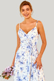 Blue Floral Print A Line Spaghetti Straps Floor Length Dress with Slit