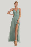 Grey Green A Line Spaghetti Straps Tea Length Dress with Slit