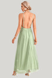 A-Line Tulle Light Green Spaghetti Straps Maxi Dress with Slit