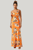 Trendy Mermaid One Shoulder Printed Orange Flower Floor Length Dress